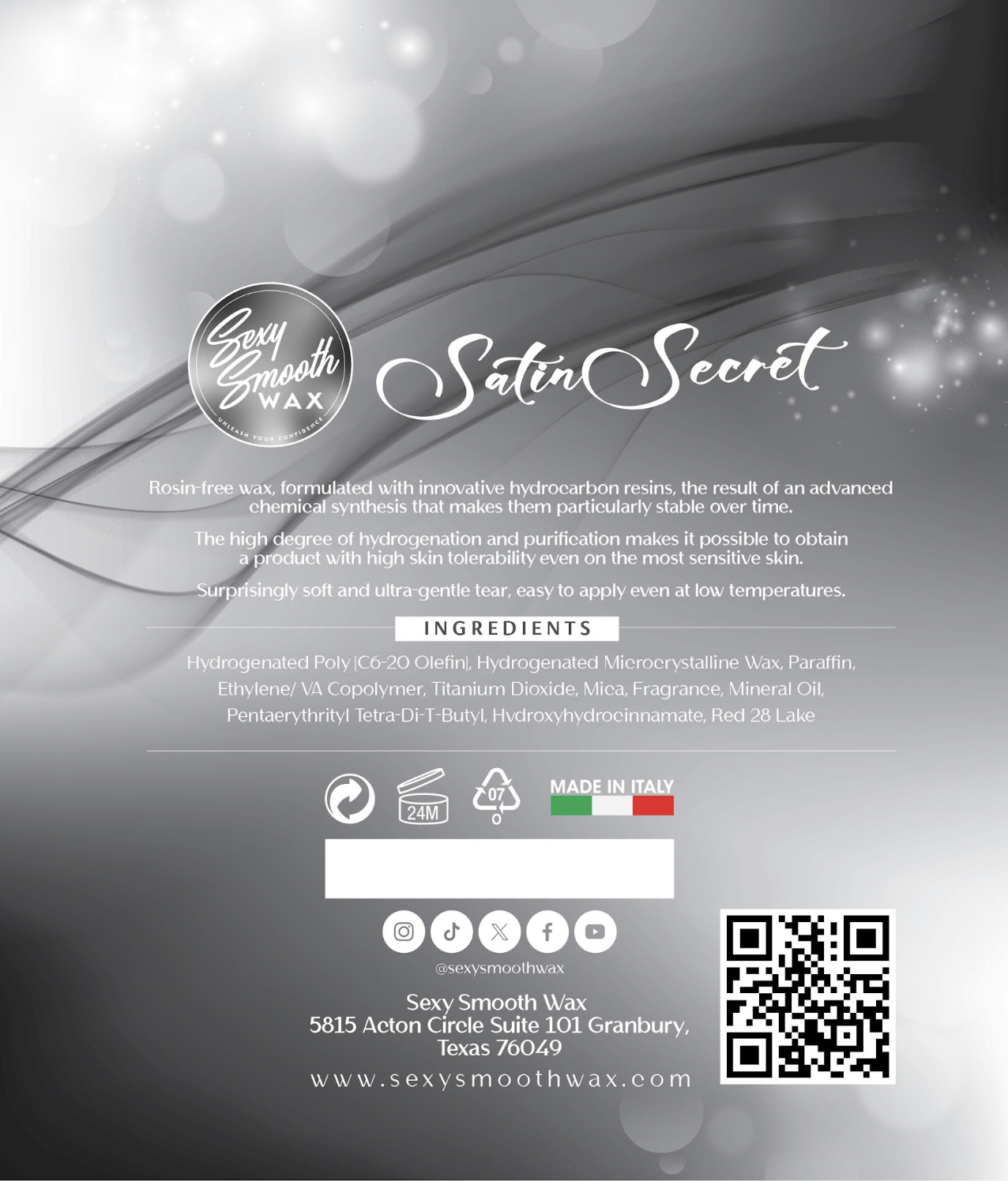 Satin Secret synthetic hard wax ingredients and product information from Sexy Smooth Wax with rosin-free formula and low-temperature application details.