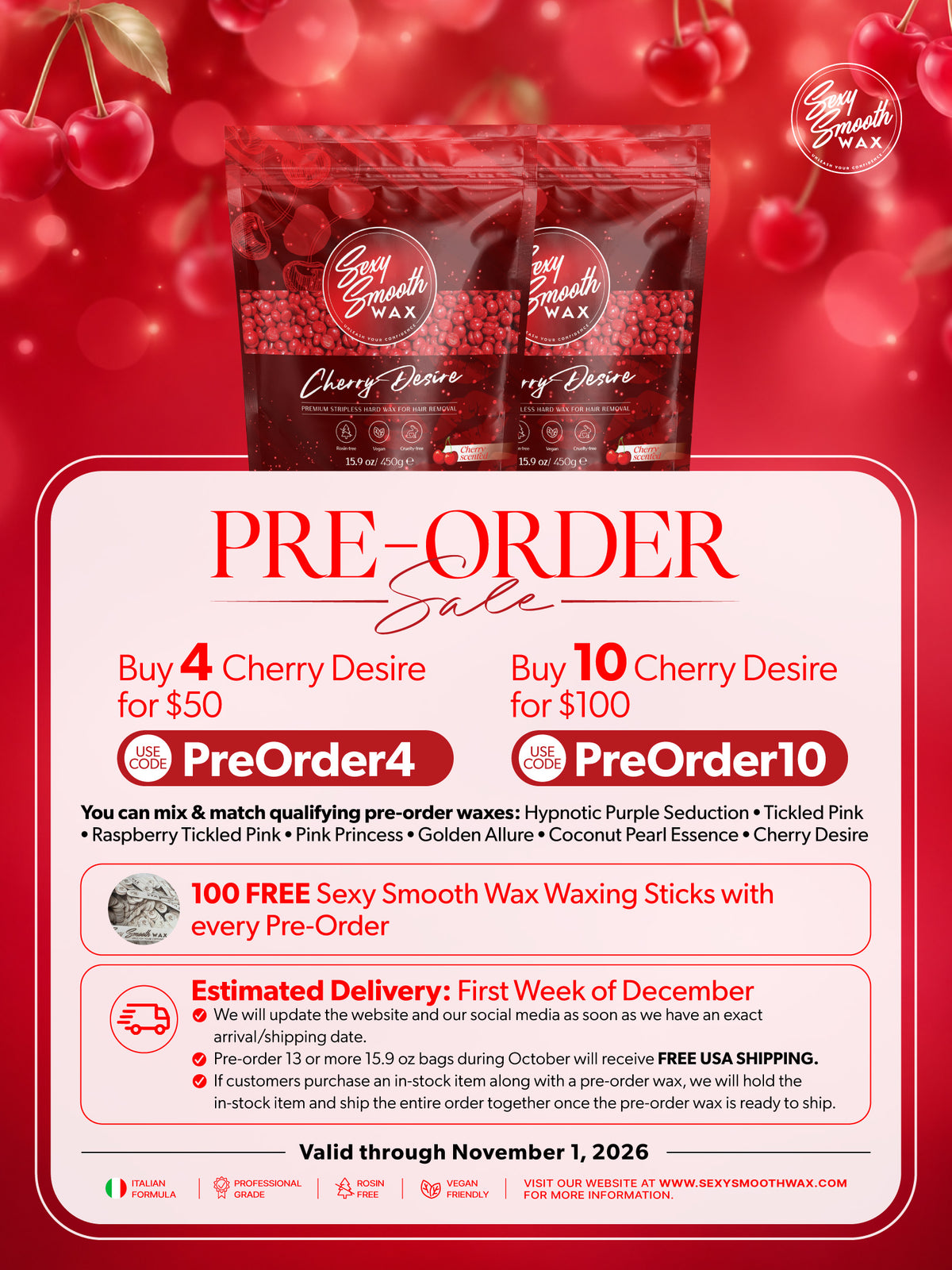 Cherry Desire synthetic hard wax pre-order sale with 4 and 10 bag offers