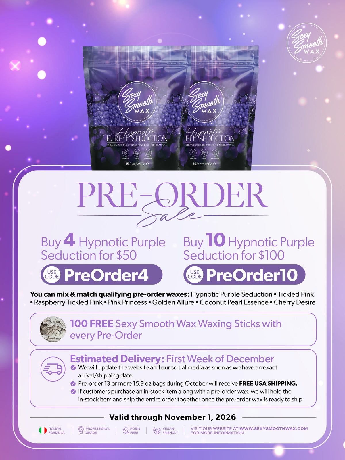Hypnotic Purple Seduction synthetic hard wax pre-order sale with 4 and 10 bag offers