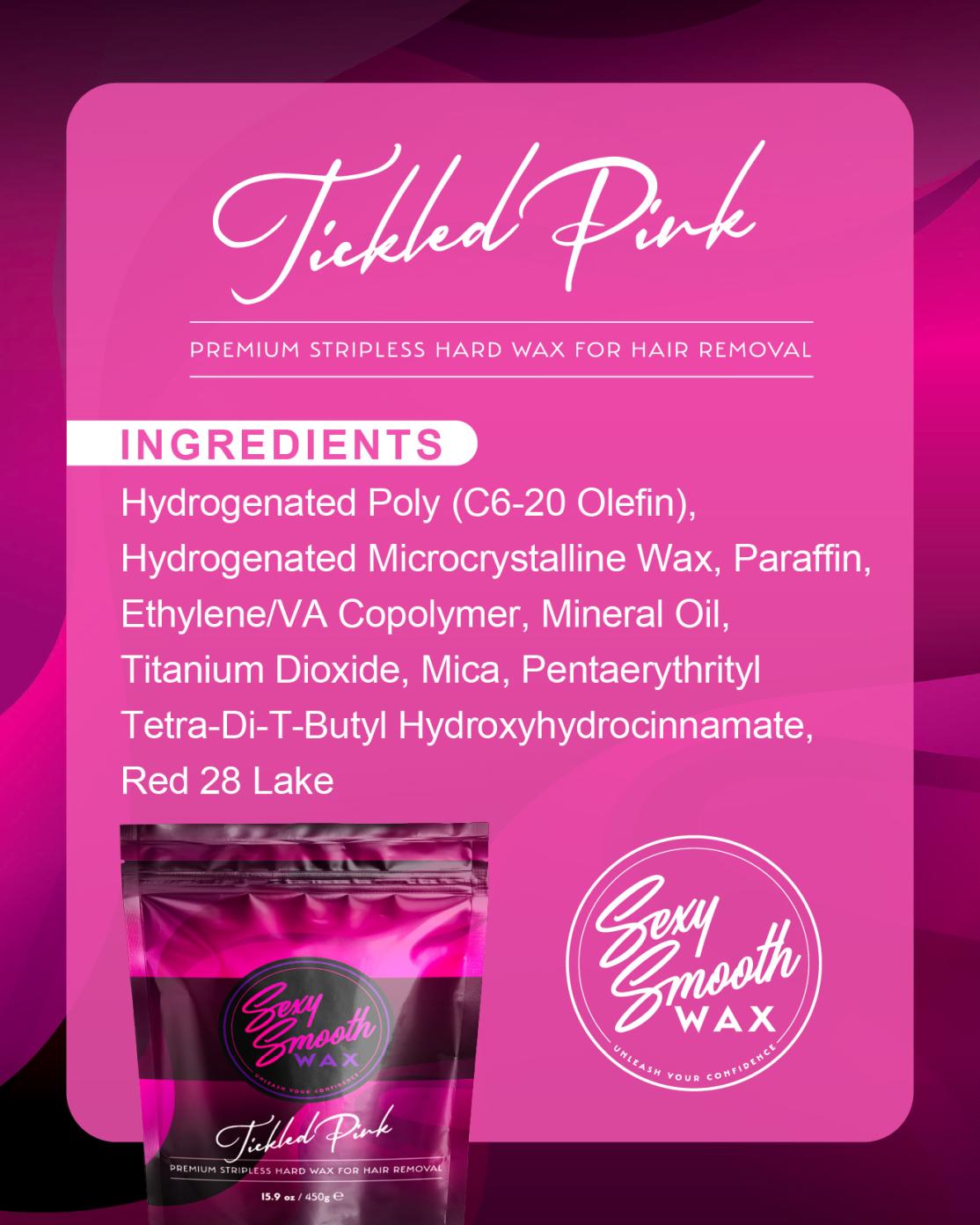 A package of Tickled Pink premium synthetic hard wax for hair removal. The packaging is pink with product information and ingredients listed.