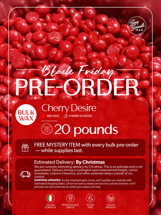 Cherry Desire 20 lb bulk cherry-scented red synthetic hard wax Black Friday pre-order by Sexy Smooth Wax