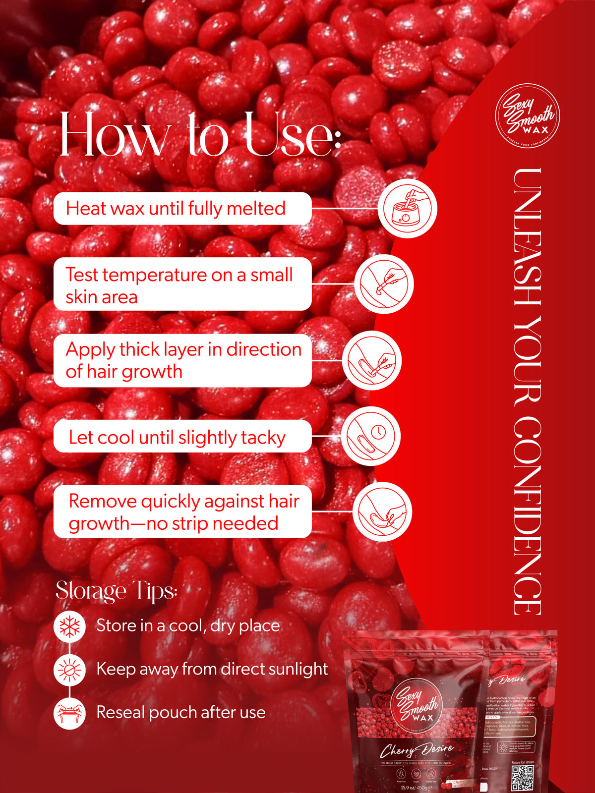 How to use Cherry Desire synthetic hard wax with application and storage instructions