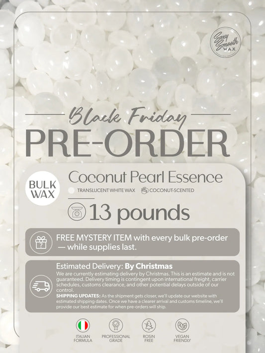 Coconut Pearl Essence 13 lb bulk coconut-scented white synthetic hard wax Black Friday pre-order by Sexy Smooth Wax