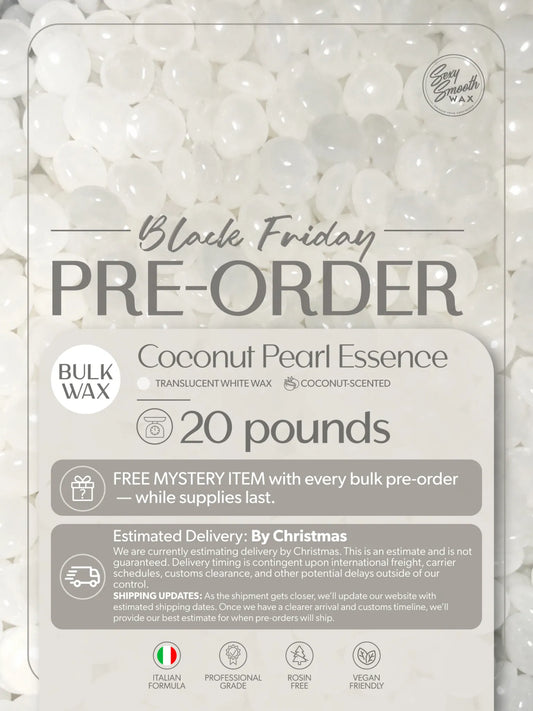 Coconut Pearl Essence 20 lb bulk coconut-scented white synthetic hard wax Black Friday pre-order by Sexy Smooth Wax