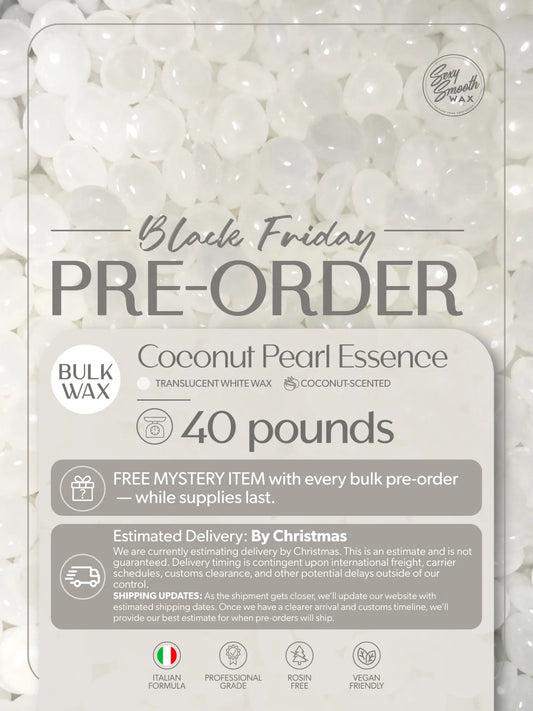 Coconut Pearl Essence 40 lb bulk coconut-scented white synthetic hard wax Black Friday pre-order by Sexy Smooth Wax