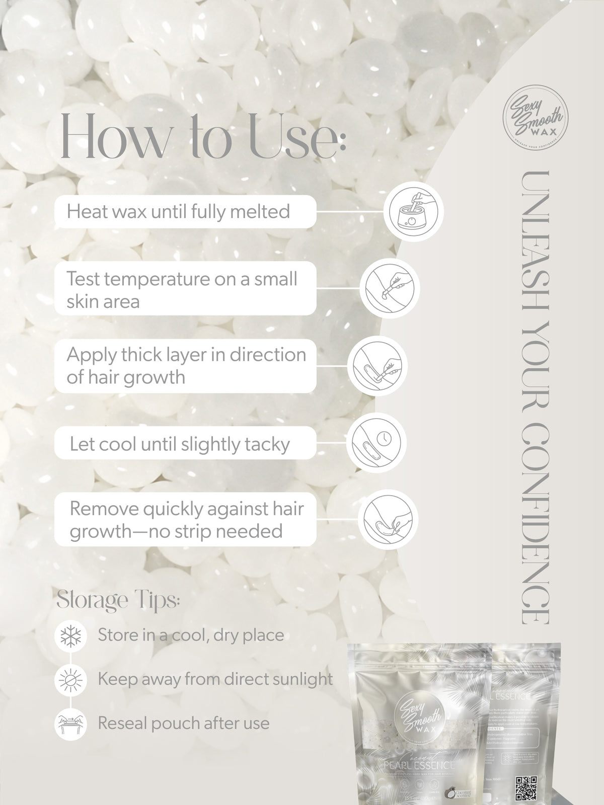 How to use Coconut Pearl Essence synthetic hard wax with application and storage instructions