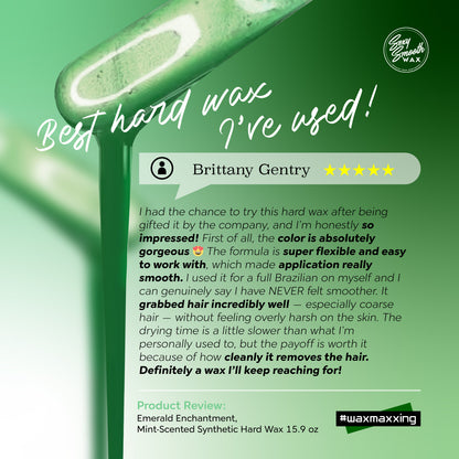 Customer review of Emerald Enchantment hard wax describing its flexible application and performance for Brazilian waxing.