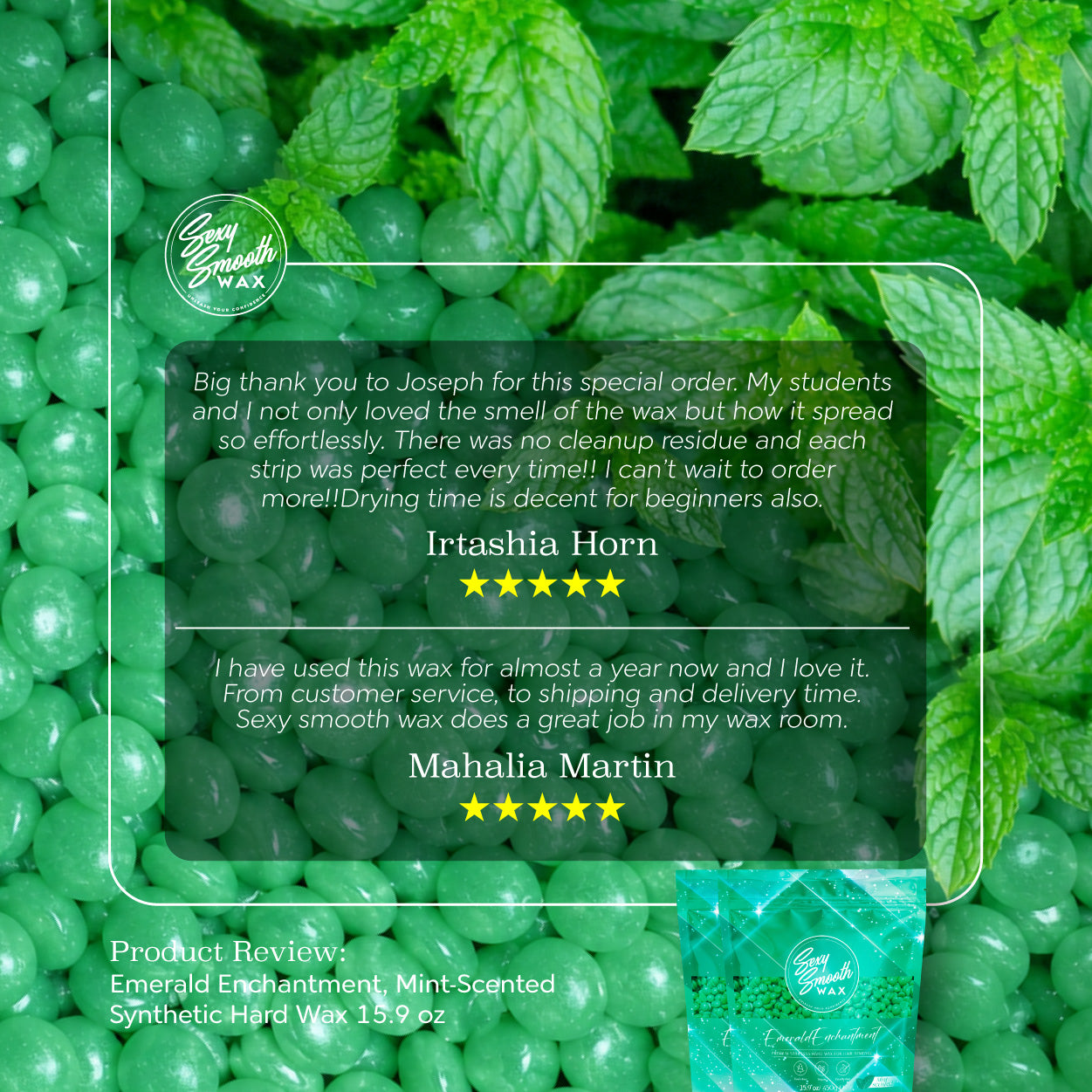 Five-star customer reviews for Sexy Smooth Wax Emerald Enchantment mint-scented synthetic hard wax beads.