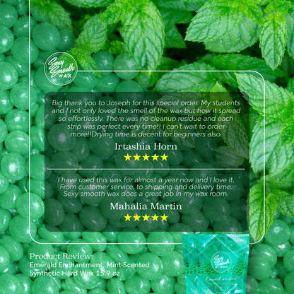 Five-star customer reviews for Sexy Smooth Wax Emerald Enchantment mint-scented synthetic hard wax beads.