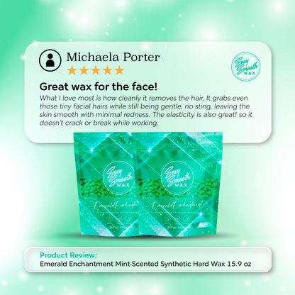 Five-star review of Sexy Smooth Wax Emerald Enchantment mint-scented hard wax for facial hair removal.