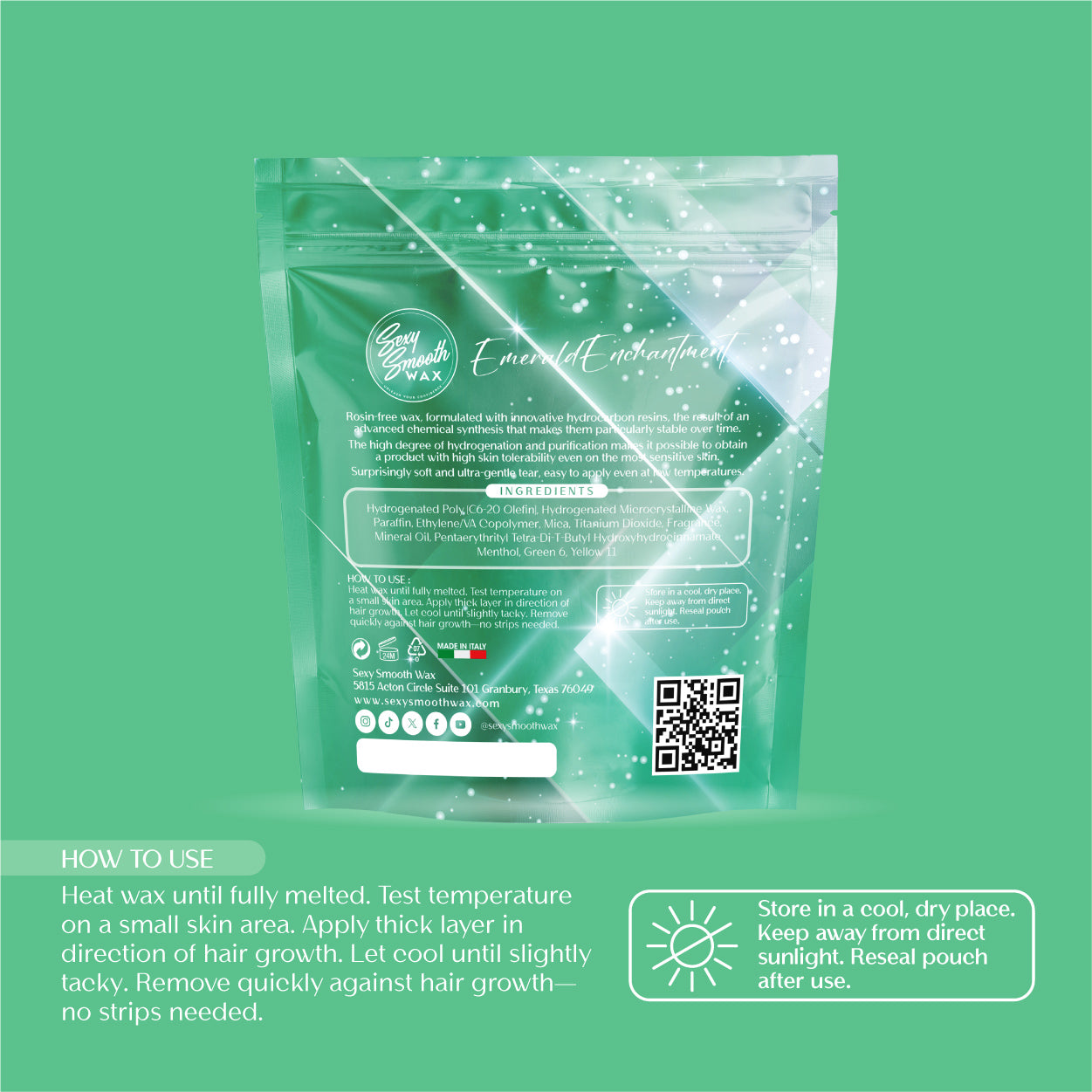 Emerald Enchantment synthetic hard wax bag with instructions for heating, applying, cooling, removing, and storing hard wax.