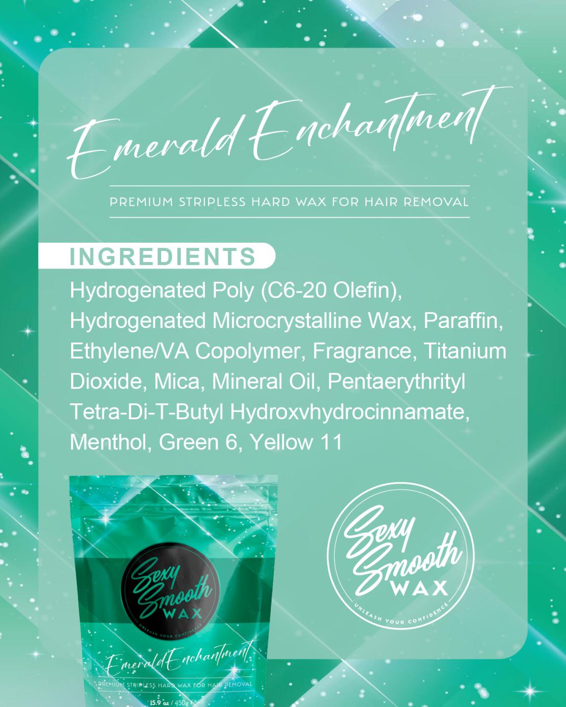 Emerald Enchantment mint-scented synthetic hard wax ingredient list from Sexy Smooth Wax with 15.9 oz product bag.