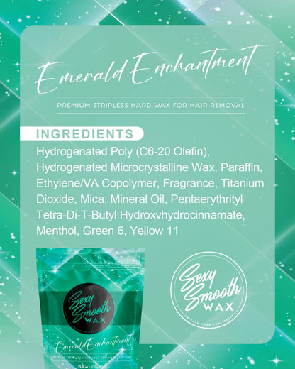Emerald Enchantment mint-scented synthetic hard wax ingredient list from Sexy Smooth Wax with 15.9 oz product bag.