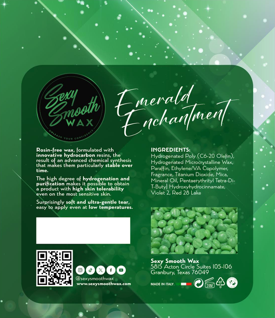 Emerald Enchantment mint-scented synthetic hard wax ingredients and 15.9 oz product bag from Sexy Smooth Wax.