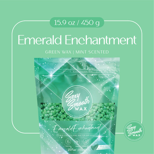 Sexy Smooth Wax Emerald Enchantment green mint-scented hard wax beads in a 15.9 oz 450 g resealable bag.