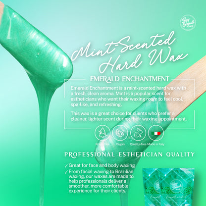 Emerald Enchantment mint-scented hard wax from Sexy Smooth Wax shown melted on waxing spatulas for professional face and body waxing.