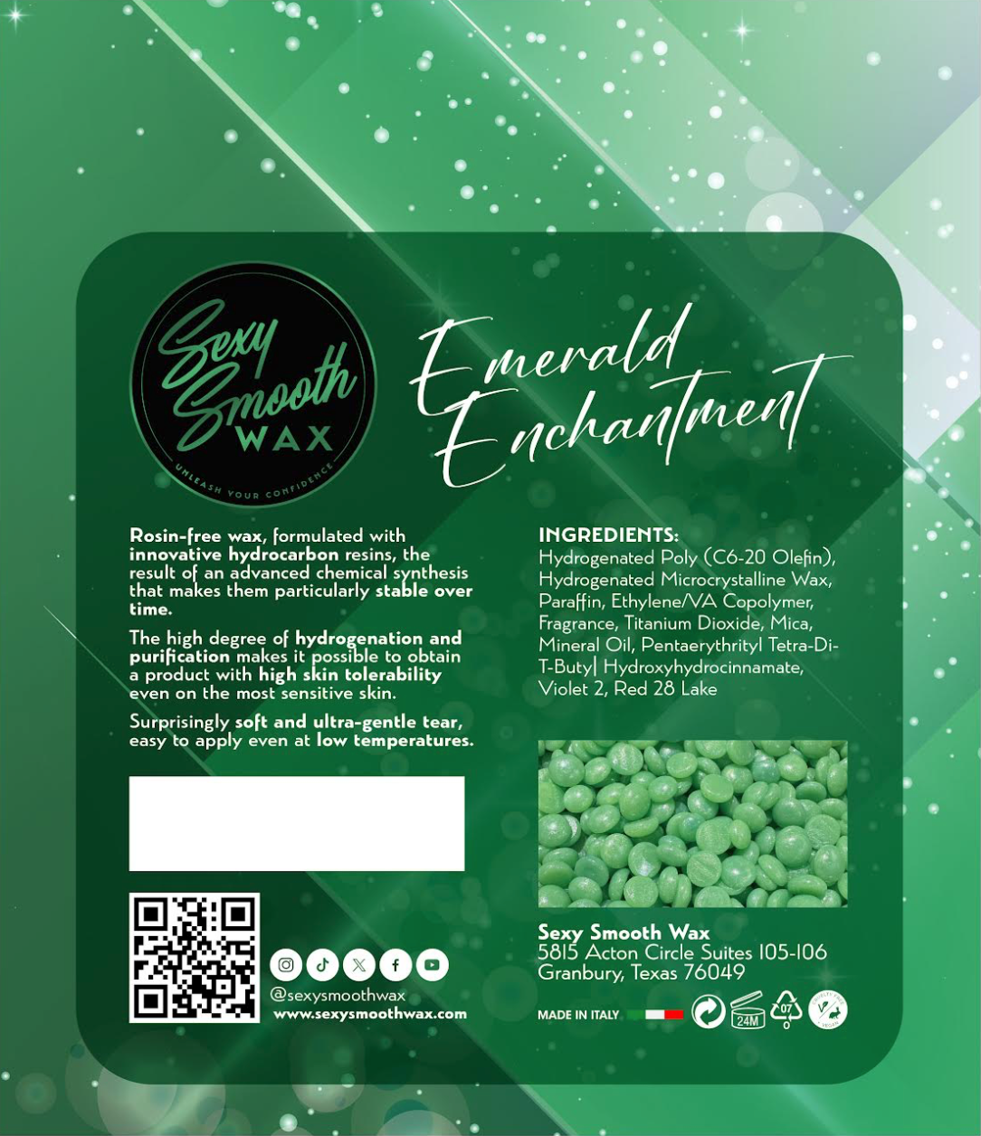 Emerald Enchantment synthetic hard wax product information and ingredients from Sexy Smooth Wax with green hard wax beads.