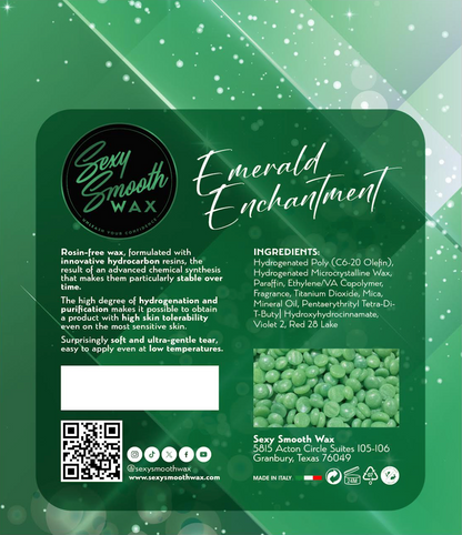 Emerald Enchantment synthetic hard wax product information and ingredients from Sexy Smooth Wax with green hard wax beads.