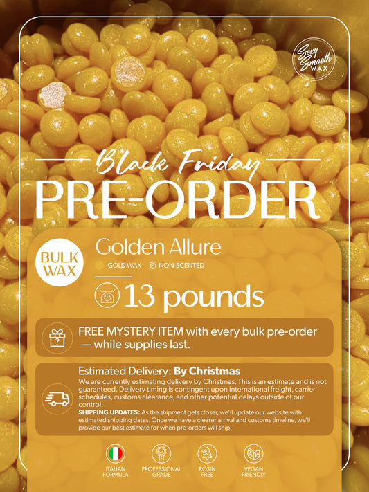 Golden Allure 13 lb bulk non-scented synthetic hard wax Black Friday pre-order by Sexy Smooth Wax