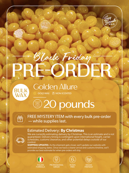 Golden Allure 20 lb bulk non-scented synthetic hard wax Black Friday pre-order by Sexy Smooth Wax