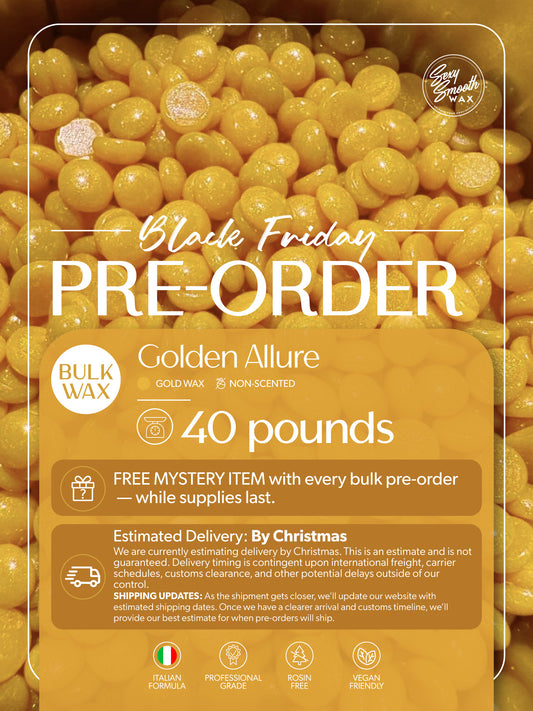 Golden Allure 40 lb bulk non-scented synthetic hard wax Black Friday pre-order by Sexy Smooth Wax