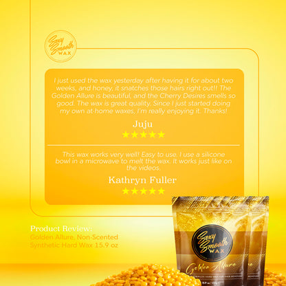 Five-star customer reviews of Sexy Smooth Wax Golden Allure non-scented synthetic hard wax with gold wax beads and product bags.