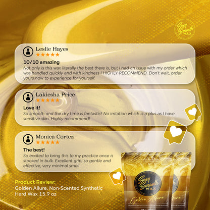 Five-star customer reviews for Sexy Smooth Wax Golden Allure non-scented synthetic hard wax for professional and at-home hair removal.