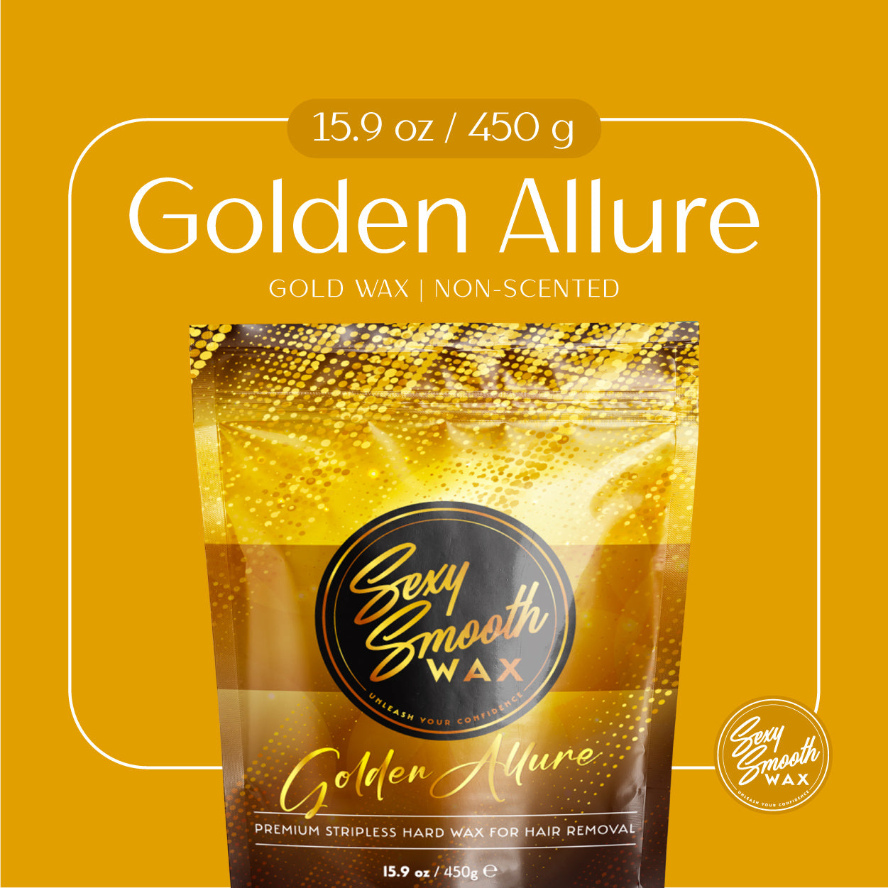 Sexy Smooth Wax Golden Allure non-scented gold hard wax in a 15.9 oz 450 g resealable bag.