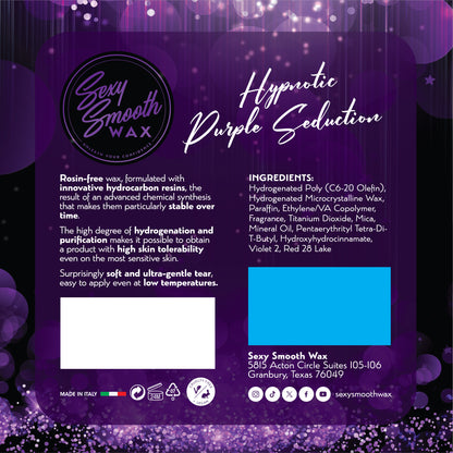 Hypnotic Purple Seduction synthetic hard wax ingredients and product information from Sexy Smooth Wax.