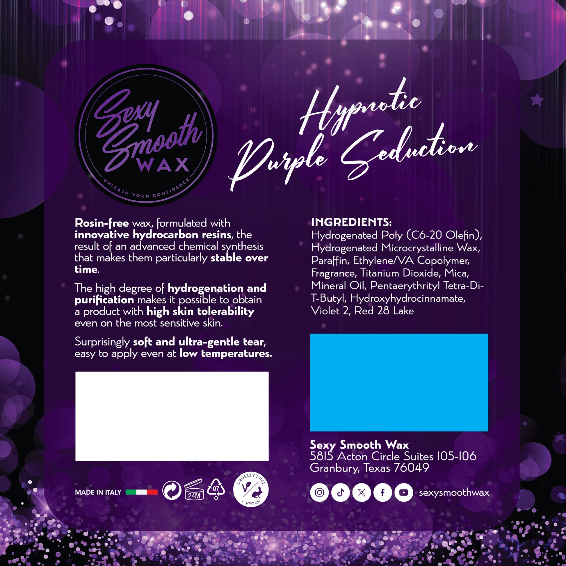 Hypnotic Purple Seduction synthetic hard wax ingredients and product information from Sexy Smooth Wax.