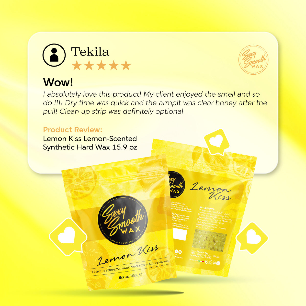 Five-star customer review of Sexy Smooth Wax Lemon Kiss lemon-scented synthetic hard wax for underarm waxing.
