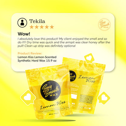 Five-star customer review of Sexy Smooth Wax Lemon Kiss lemon-scented synthetic hard wax for underarm waxing.