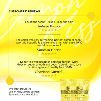 Five-star customer reviews for Sexy Smooth Wax Lemon Kiss lemon-scented synthetic hard wax highlighting scent, smooth application, and hair removal performance.
