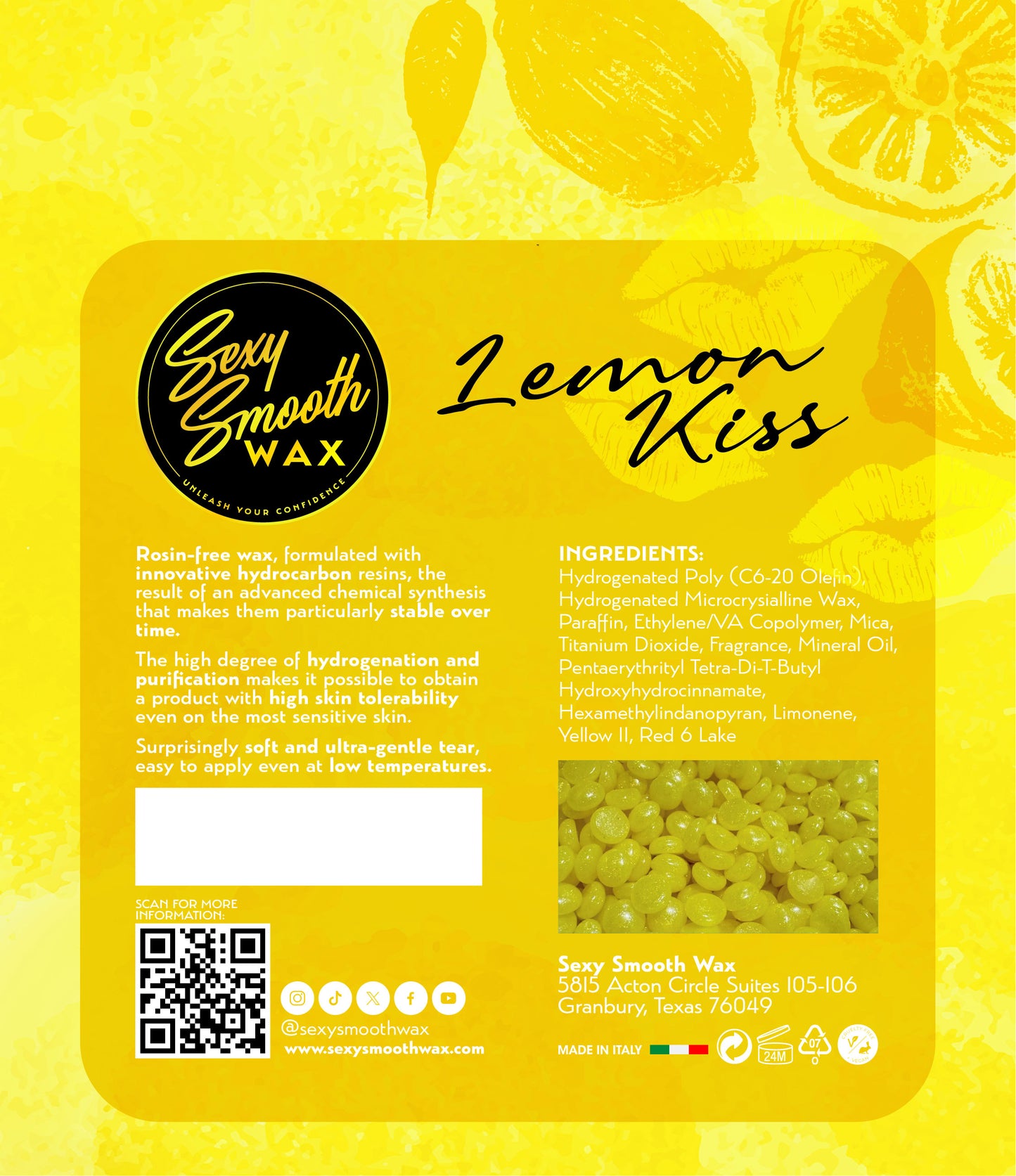 Sexy Smooth Wax Lemon Kiss synthetic hard wax bag with instructions for heating, applying, removing, and storing the wax.