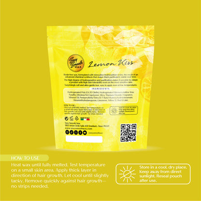 Sexy Smooth Wax Lemon Kiss synthetic hard wax bag with instructions for heating, applying, removing, and storing the wax.