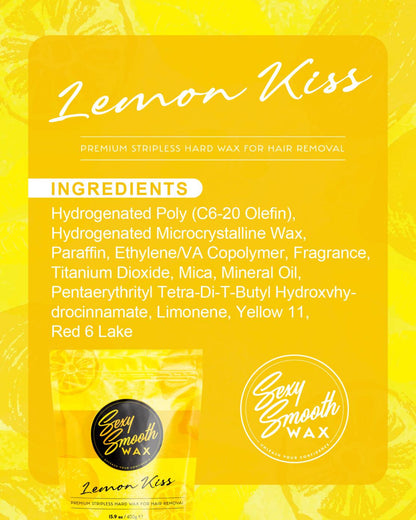 Lemon Kiss lemon-scented synthetic hard wax ingredients with Sexy Smooth Wax 15.9 oz product bag.