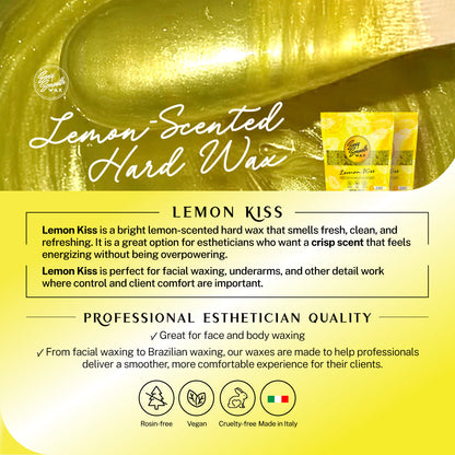 Sexy Smooth Wax Lemon Kiss lemon-scented hard wax for professional face and body waxing, including facial, underarm, and Brazilian waxing.