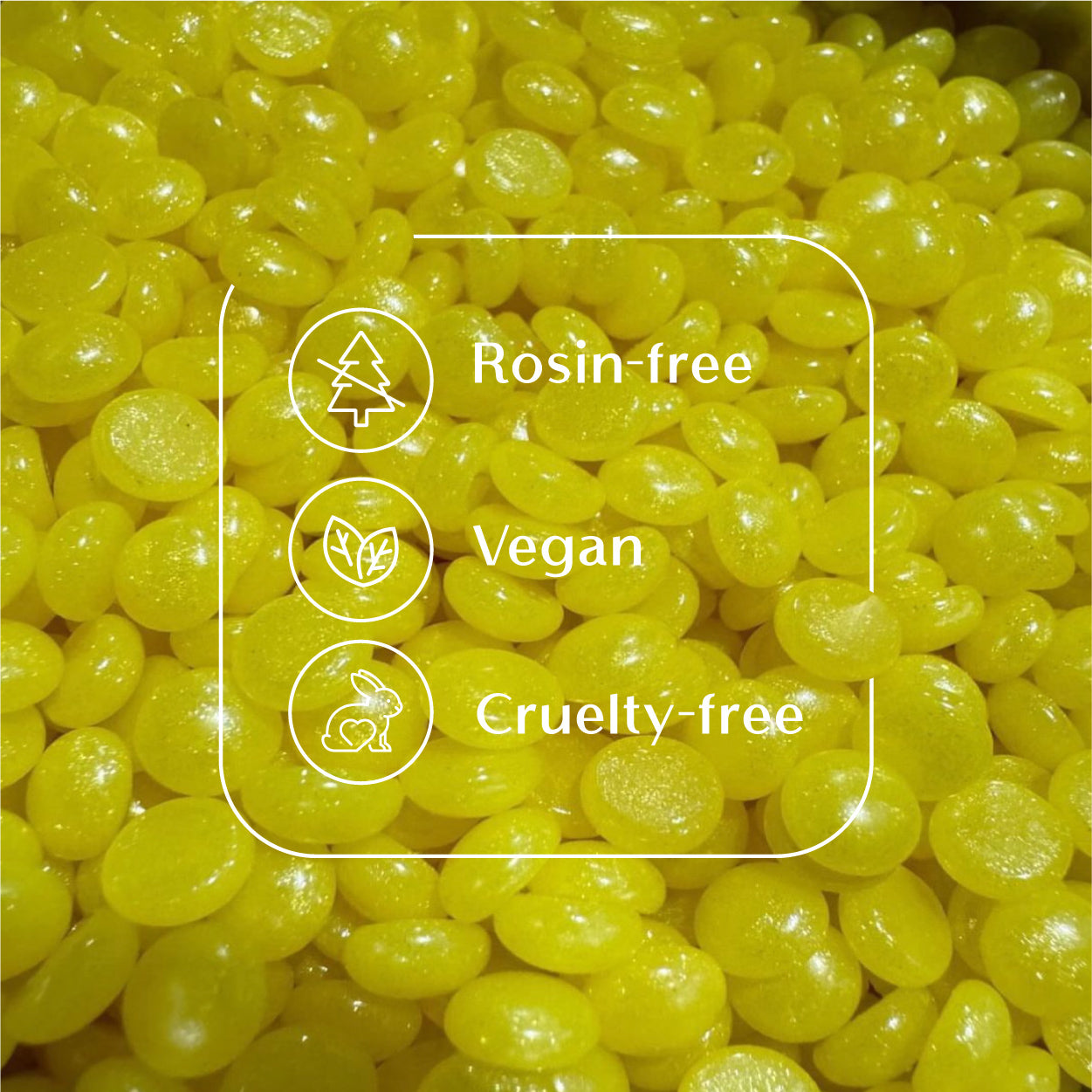Lemon Kiss yellow hard wax beads from Sexy Smooth Wax highlighting the rosin-free, vegan-friendly, and cruelty-free formula.