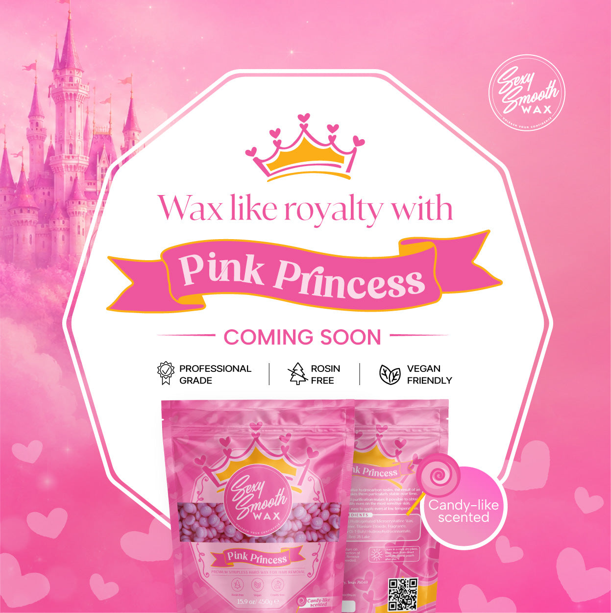 Pink Princess candy-like scented hard wax beads by Sexy Smooth Wax, professional-grade, rosin-free, and vegan-friendly