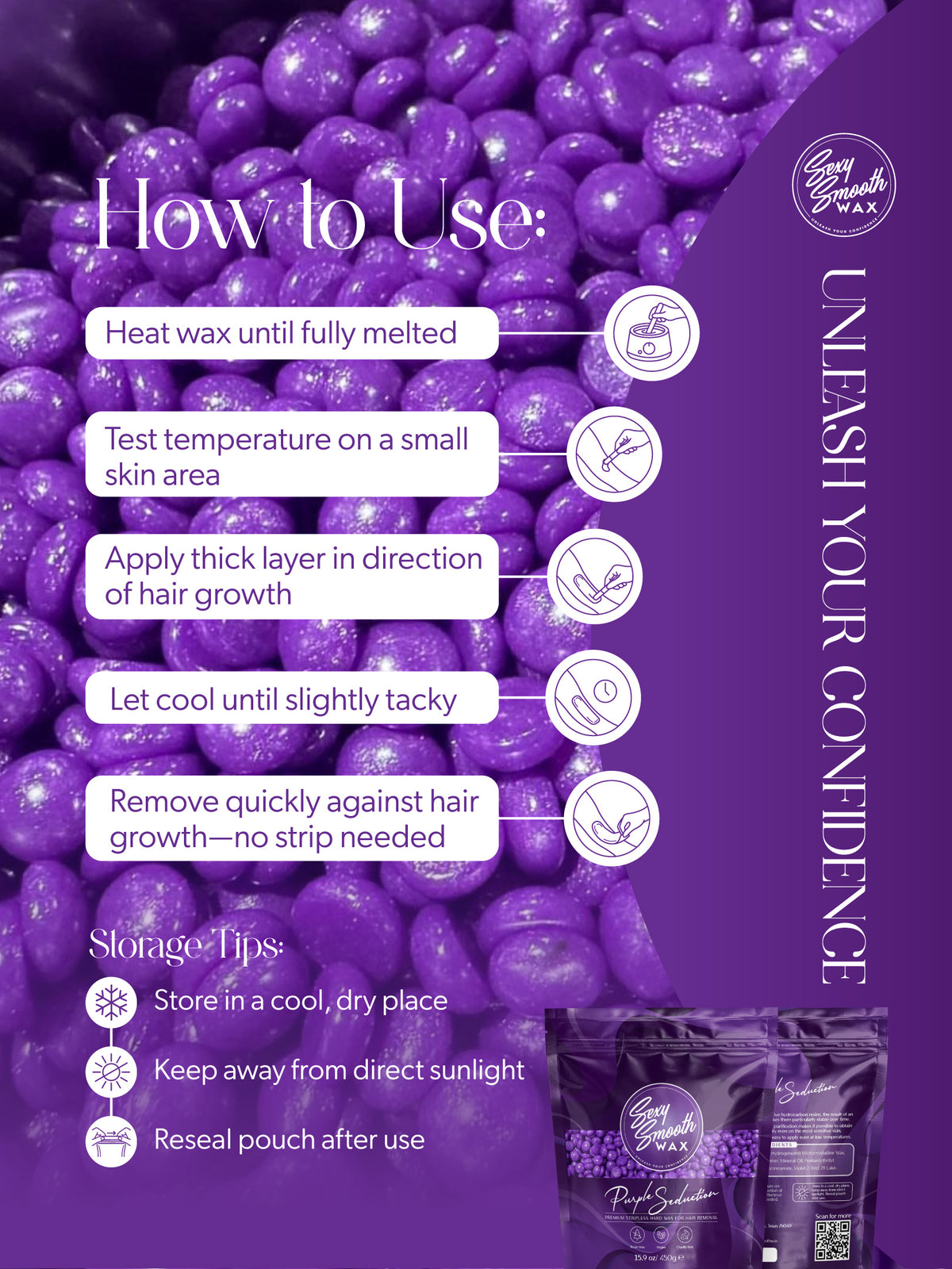 How to use Sexy Smooth Wax Purple Seduction synthetic hard wax with application, removal, and storage instructions
