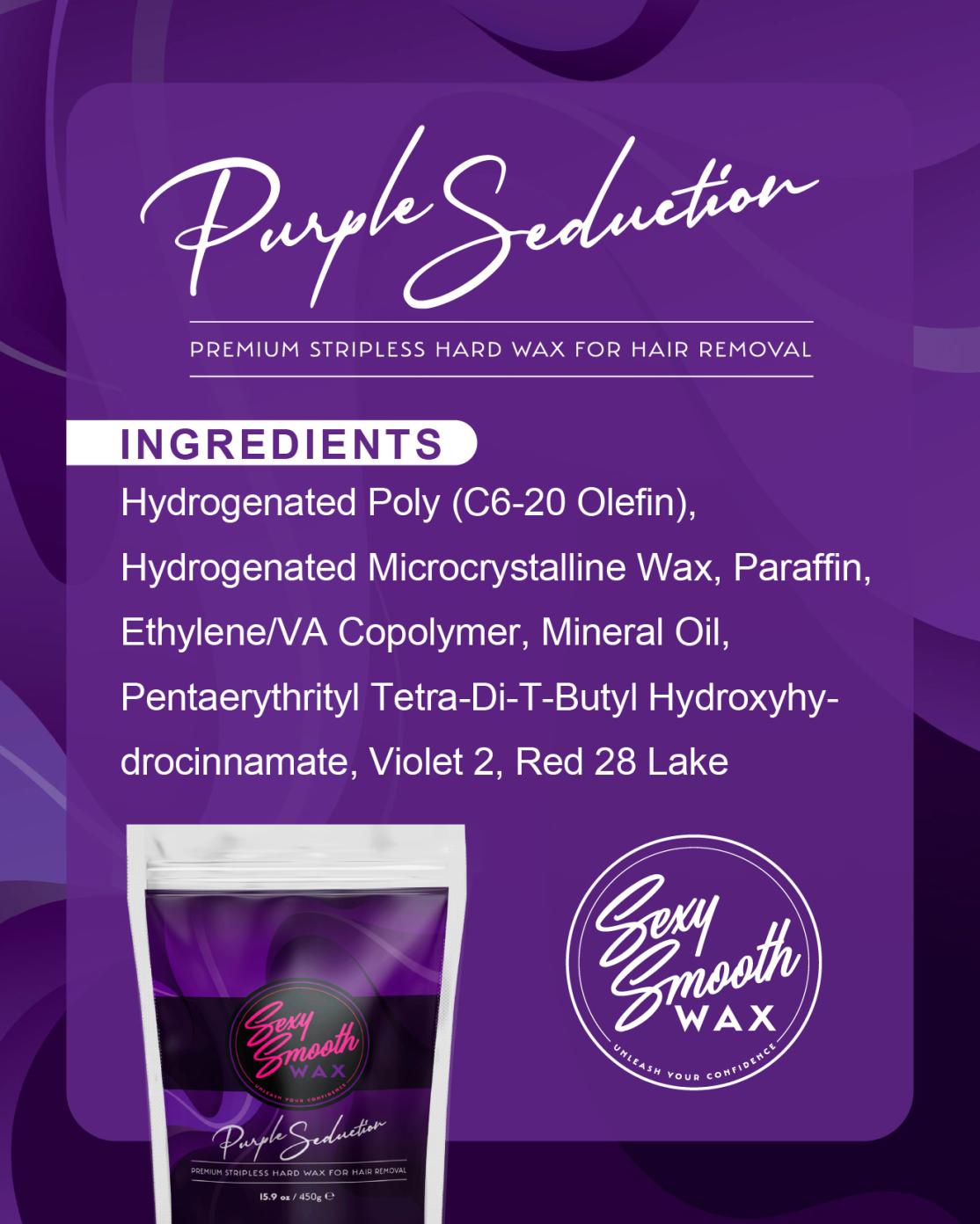 Purple Seduction non-scented synthetic hard wax ingredients with Sexy Smooth Wax 15.9 oz product bag.