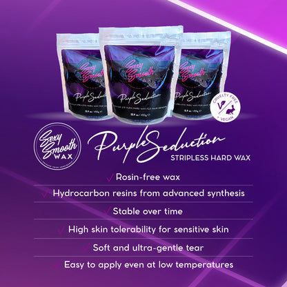 Sexy Smooth Wax Purple Seduction stripless hard wax highlighting its rosin-free synthetic formula, flexible texture, and low-temperature application.