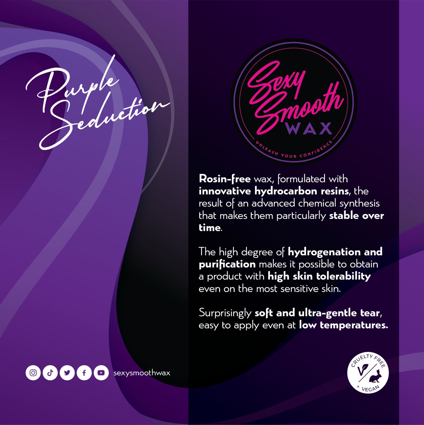 Sexy Smooth Wax Purple Seduction rosin-free synthetic hard wax product information highlighting low-temperature application and vegan-friendly formula.