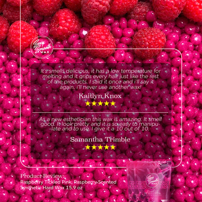 Five-star customer reviews for Sexy Smooth Wax Raspberry Tickled Pink raspberry-scented synthetic hard wax with pink wax beads and raspberries.