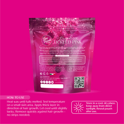 Sexy Smooth Wax Raspberry Tickled Pink synthetic hard wax bag with instructions for heating, applying, removing, and storing hard wax.