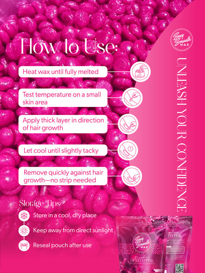 How to use Sexy Smooth Wax Raspberry Tickled Pink synthetic hard wax with application, removal, and storage instructions