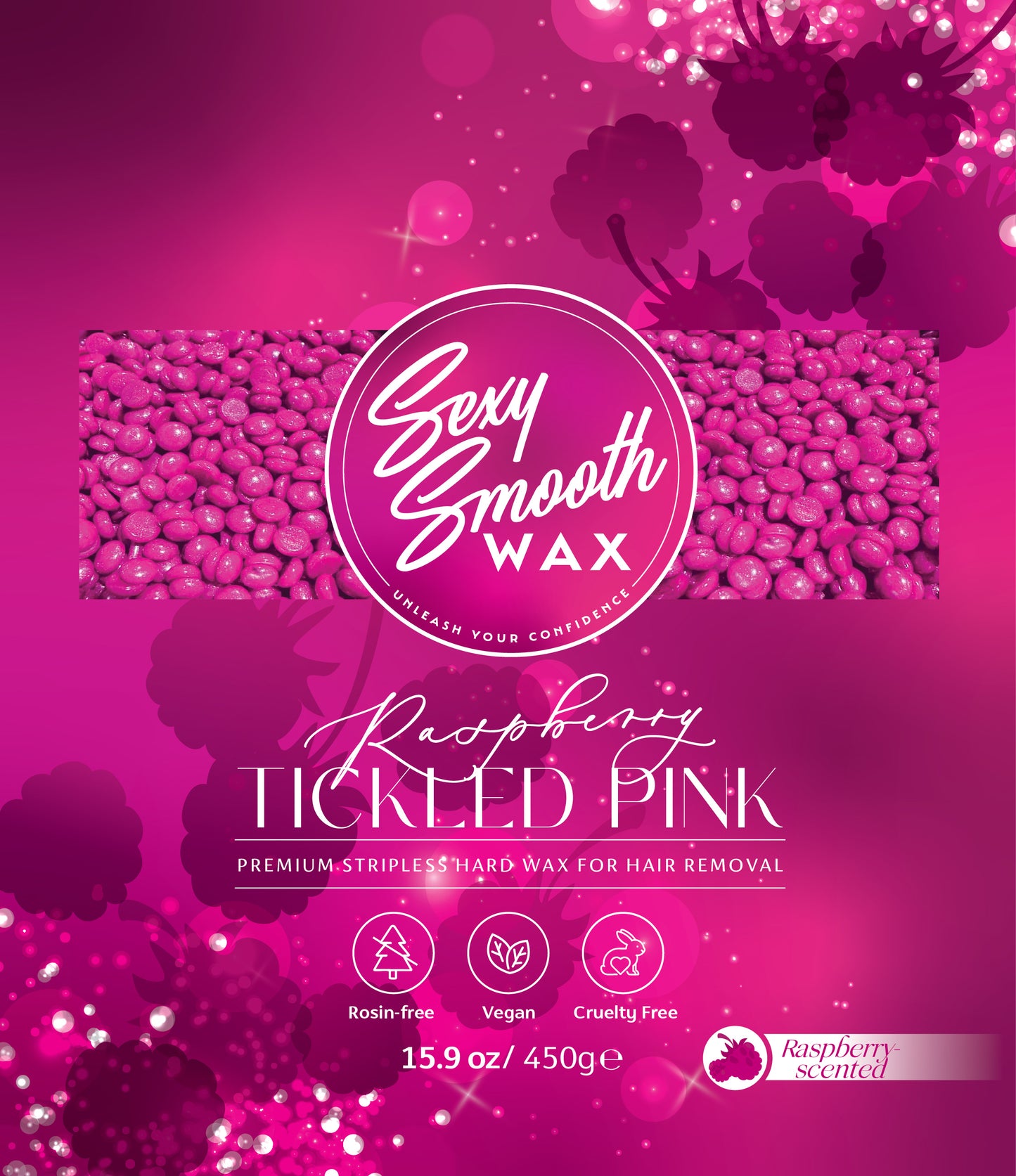 Sexy Smooth Wax Raspberry Tickled Pink raspberry-scented stripless hard wax in a 15.9 oz 450 g size, featuring a rosin-free, vegan-friendly, and cruelty-free formula.