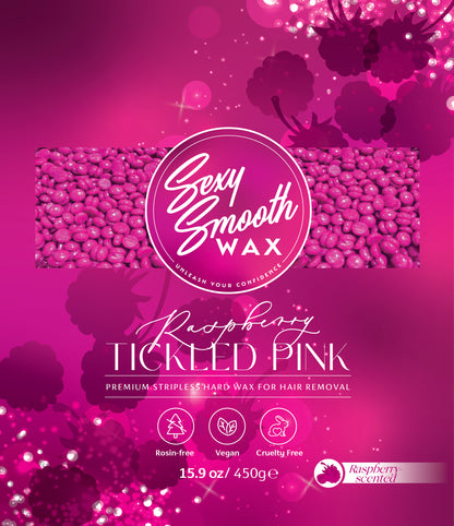 Sexy Smooth Wax Raspberry Tickled Pink raspberry-scented stripless hard wax in a 15.9 oz 450 g size, featuring a rosin-free, vegan-friendly, and cruelty-free formula.