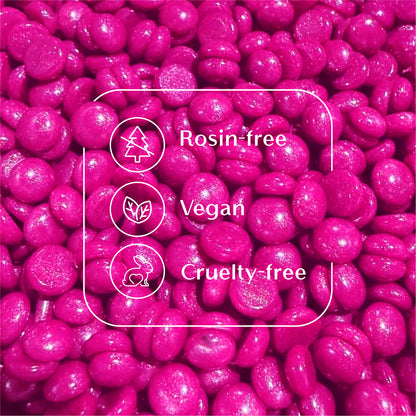 Raspberry Tickled Pink hard wax beads from Sexy Smooth Wax highlighting the rosin-free, vegan-friendly, and cruelty-free formula.