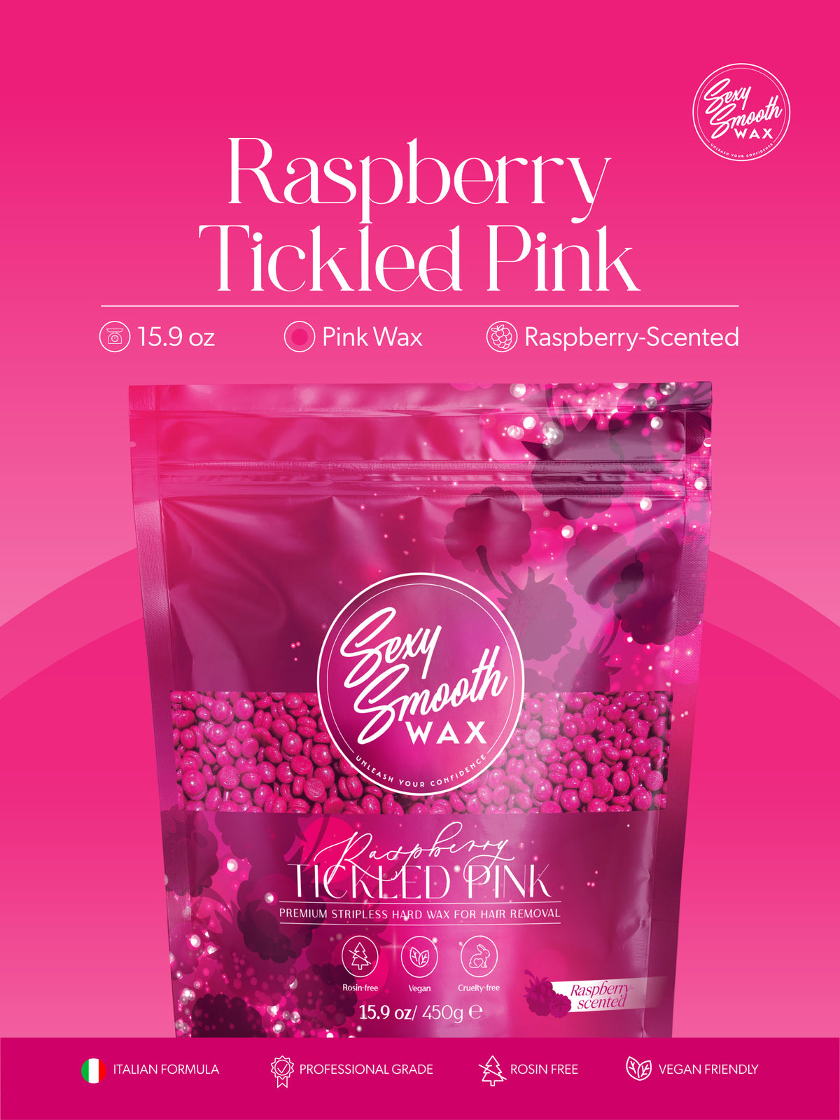 Sexy Smooth Wax Raspberry Tickled Pink 15.9 oz raspberry-scented pink synthetic hard wax with mica for professional hair removal